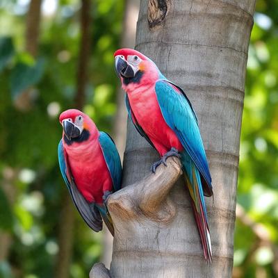 The primary subject of the image is a pair of colorful birds perched on a tree branch. The birds are red and blue, and they appear to be looking at the camera. The setting is a forest, with trees and leaves surrounding the birds. The visual style is a photo, capturing the birds in their natural habitat. The colors and mood of the image are vibrant and lively, with the red and blue birds standing out against the greenery of the forest.